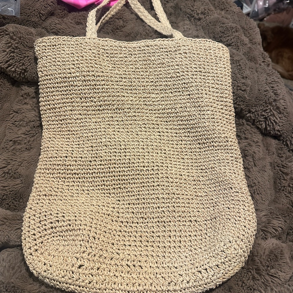 Crochet Straw Tote Bag in Beige - Casual Everyday Carry